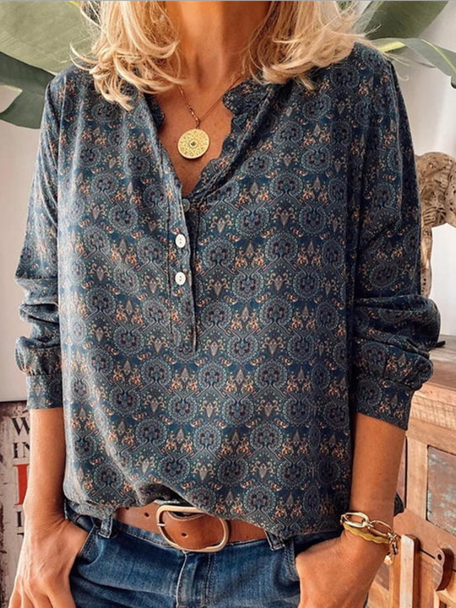  Women's Boho Blouse Shirt Floral Geometric Flower Button Shirt Collar Bohemian Style Tops Loose Wine Dusty Blue
