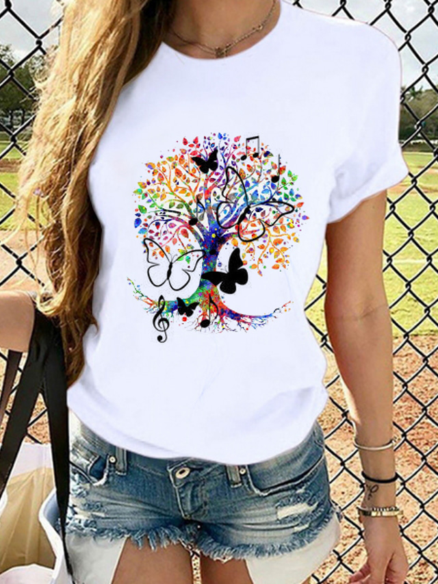 Damen T Shirt Design Heißprägen Schmetterling Grafik-Drucke Design Kurzarm Rundhalsausschnitt Täglich Kleidung Design Weiß