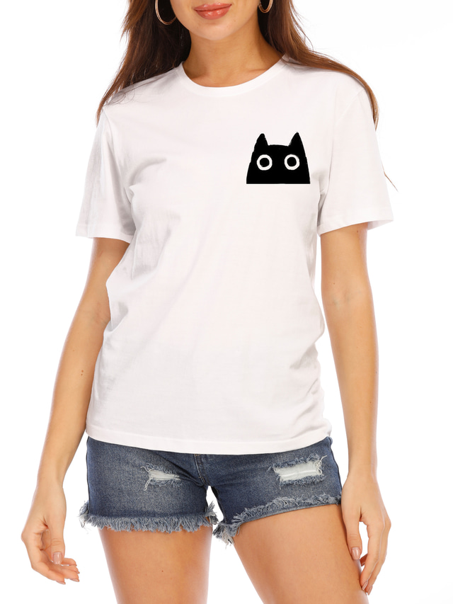  Dame T skjorte Mørkebrun Panda Katt Grafisk Katt 3D Trykt mønster Kortermet Daglig Grunnleggende Rund hals XS