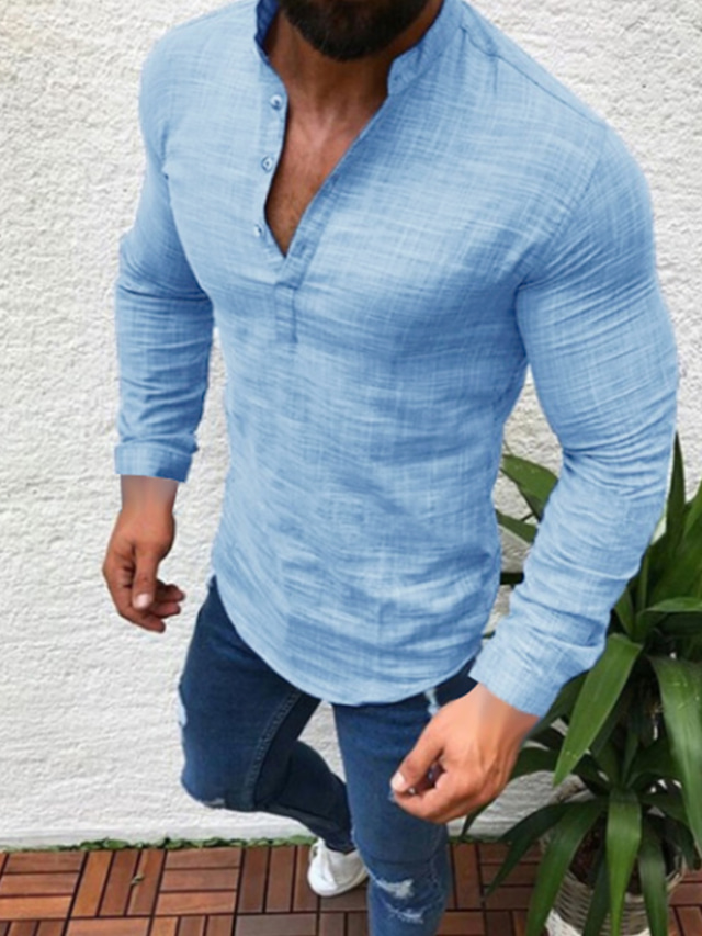  Men's Shirt Solid Colored Plus Size Collar Round Neck Long Sleeve Tops Cotton Simple Comfortable White Black Gray / Hand wash / Wet and Dry Cleaning/Causal Shirts/Summer