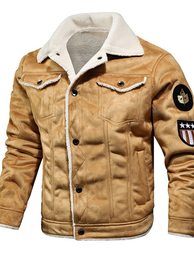  Men's Jacket Suede Jacket Biker Jacket Winter Regular Solid Colored Jackets Embroidered Casual Daily Black Brown Khaki