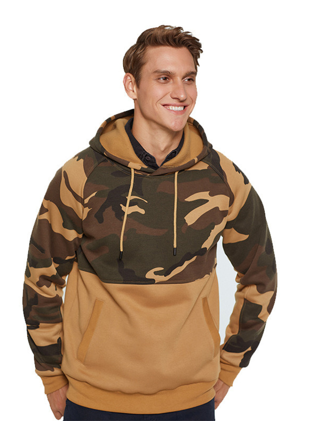  Men's Hoodie Sweatshirt Basic Party Color Block Camouflage Green Khaki Black non-printing Hooded Daily Clothing Clothes Regular Fit