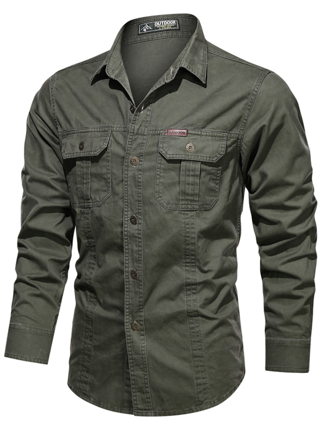  Men's Shirt Denim Shirt Solid Colored Collar Button Down Collar Daily Long Sleeve Tops Basic Black Army Green Khaki