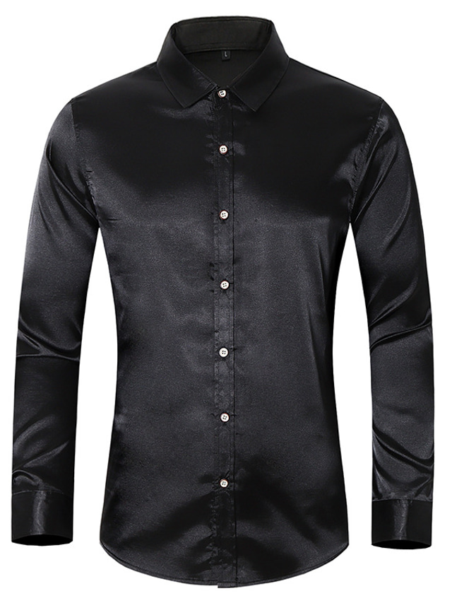  silk satin shirt men casual long sleeve slim fit mens dress shirts business wedding male shirt,black,asian size xxl
