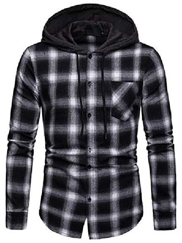  men's long sleeve hoodie plaid flannel button down shirt