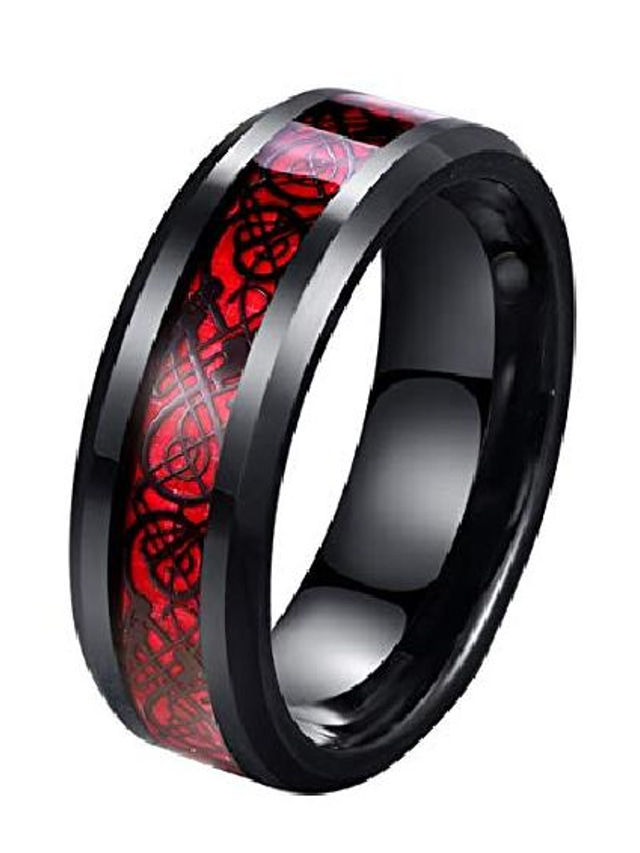  Δαχτυλίδι 8 mm κόκκινο ανθρακονήματα μαύρο κελτικό δράκο για άνδρες με λοξότμητες άκρες γαμήλια ζώνη (13)