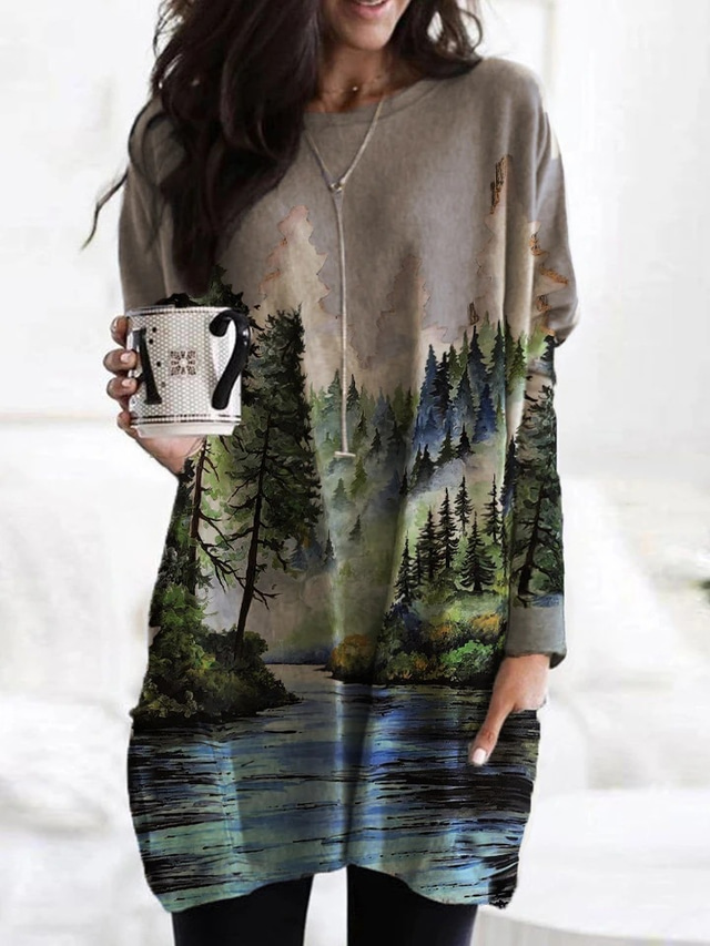  Damen T Shirt Kleid Minikleid Grau Langarm Bedruckt Bedruckt Herbst V Ausschnitt Alltag 2022 S M L XL XXL 3XL