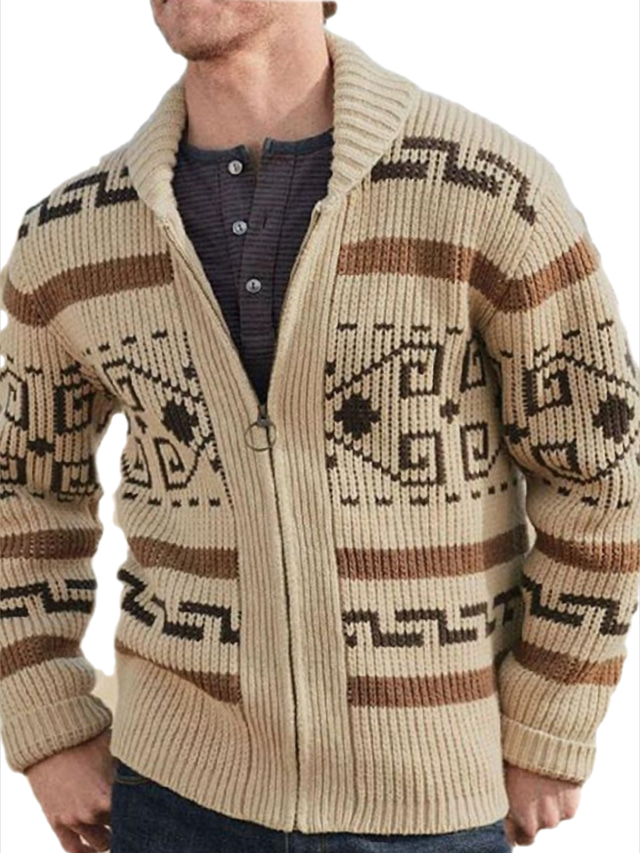  Męskie Dzianiny Geometryczny Sweter rozpinany Długi rękaw Swetry rozpinane W serek Jesień Zima Khaki Szary