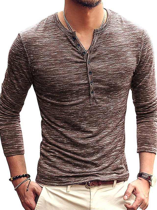  Men's Henley Shirt Solid Color Henley Casual Daily Long Sleeve Tops Vintage Classic Muscle Blue Brick red Dark Grey