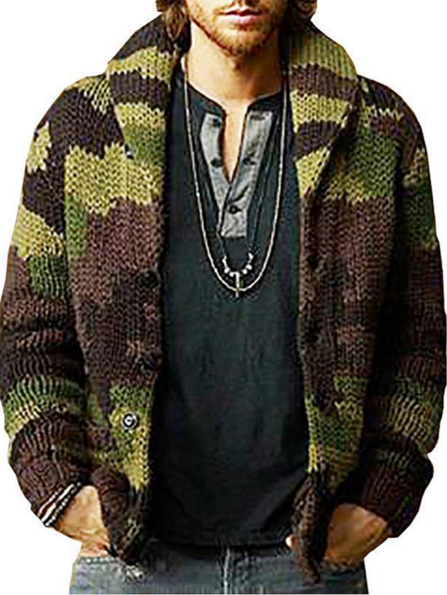  Men's Sweater Cardigan Knit Knitted Camouflage Shirt Collar Fall Winter Army Green M L XL / Long Sleeve