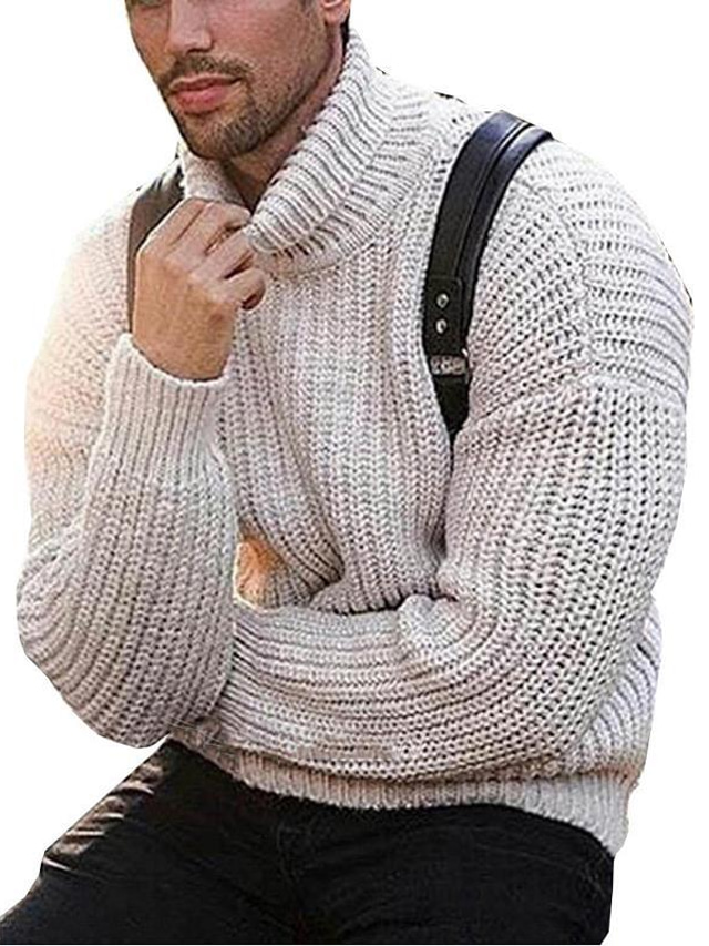  Men's Pullover Knit Knitted Solid Color Turtleneck Fall Winter Beige S M L / Long Sleeve