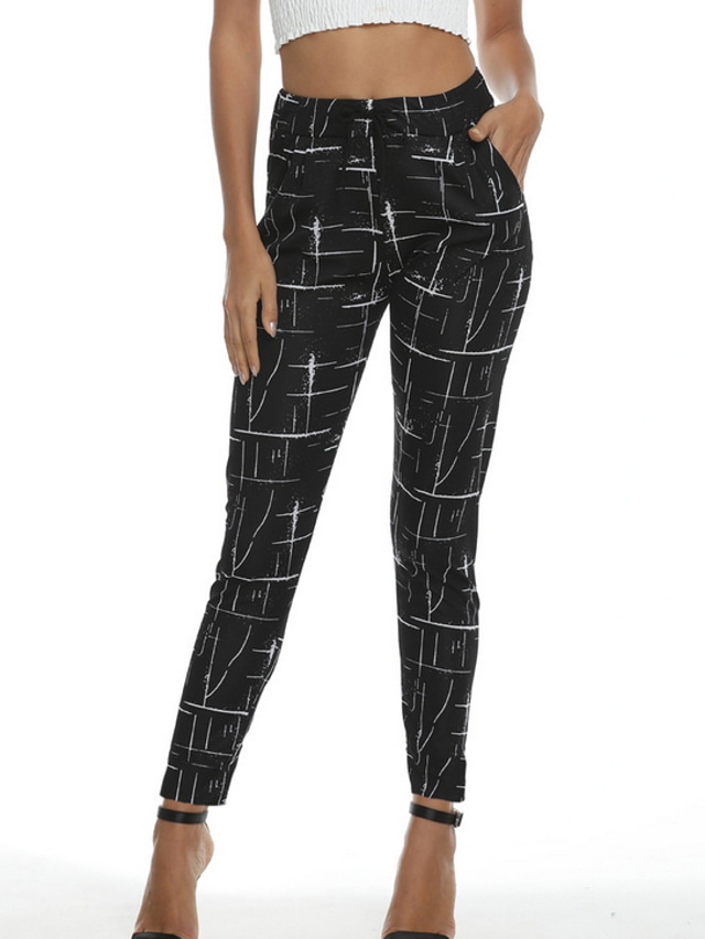  Women's Skinny Harem Pants Sporty Daily Stretchy Cotton Blend Outdoor Plaid Checkered Mid Waist White Black M L XL