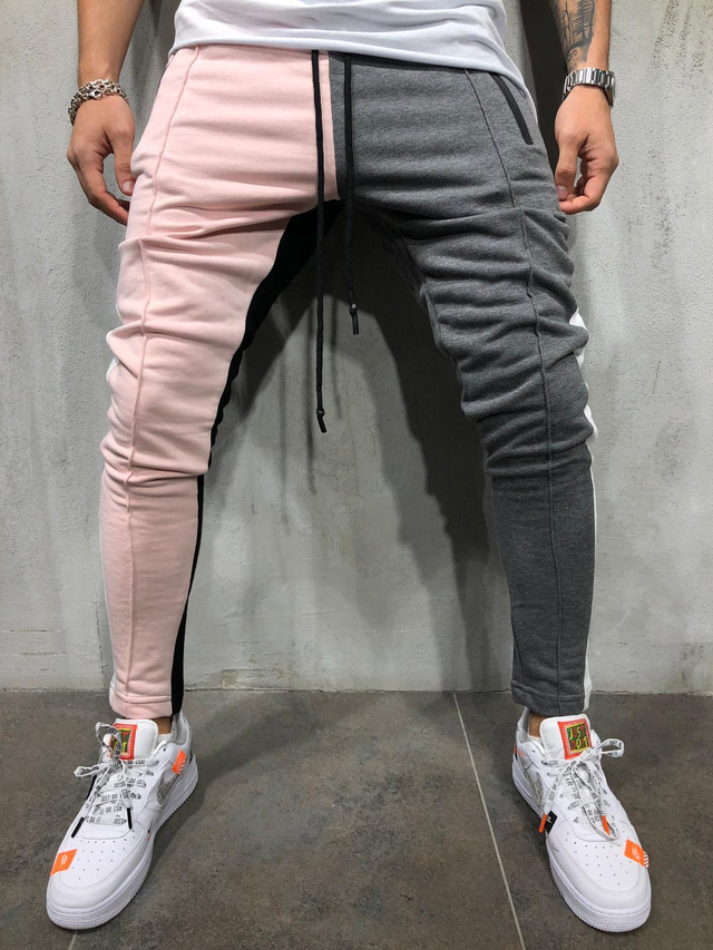  menns bukser casual slim fit fargeblokk jogger trening joggebukse hiphop bukser med lommer pluss størrelse rosa