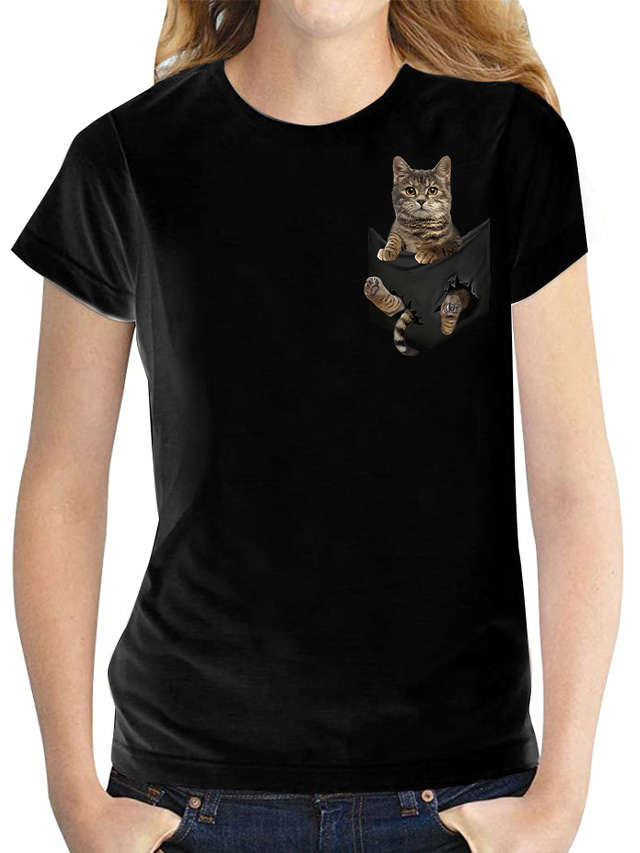  Dame T skjorte Hvit Svart Katt 3D Trykt mønster Kortermet Daglig Grunnleggende Rund hals Normal 3D Cat S