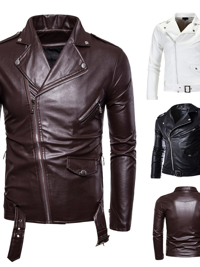  Men's Faux Leather Jacket Biker Jacket Party Daily Sports Fall Winter Regular Coat Regular Fit Streetwear Punk & Gothic Jacket Long Sleeve Color Block Solid Colored Brown White Black