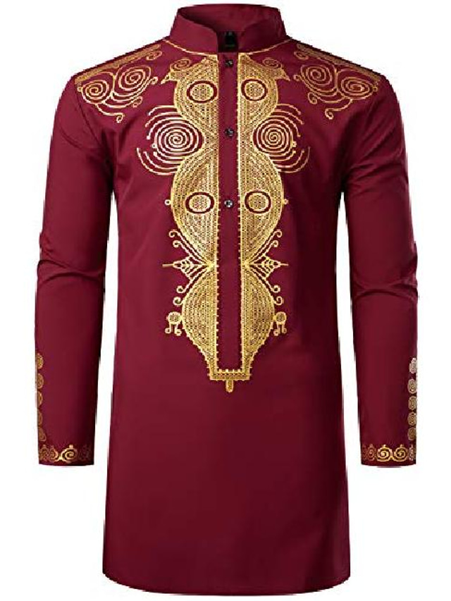  Camisa de boda de largo medio con estampado de oro metálico de lujo dashiki tradicional africano para hombre burdeos x-large