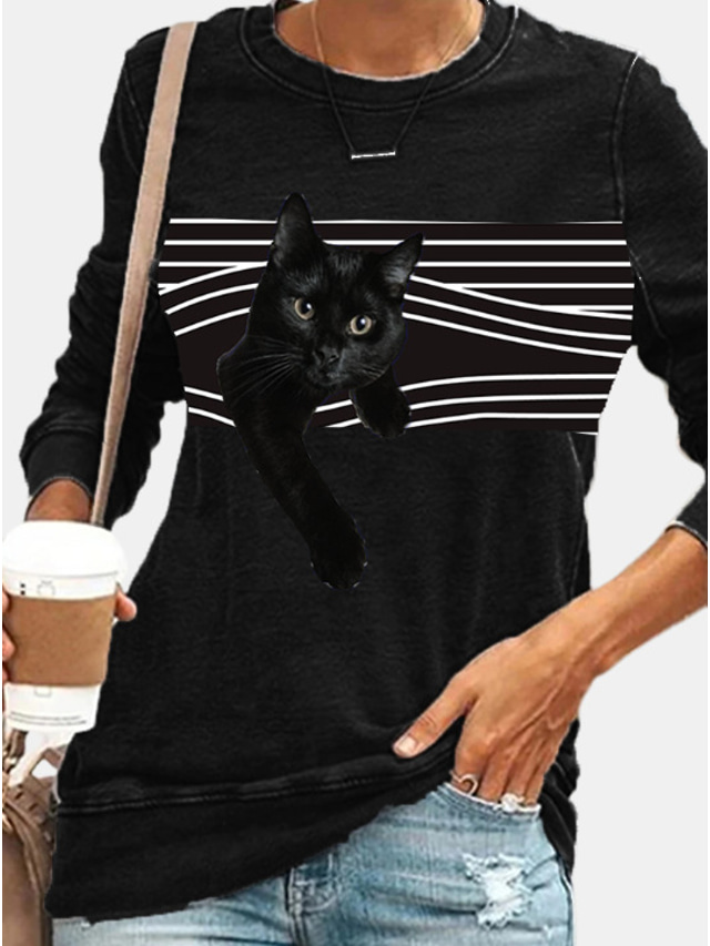  Women's Hoodie Sweatshirt Pullover Casual Black Striped Cat Graphic Daily Round Neck Long Sleeve S M L XL XXL