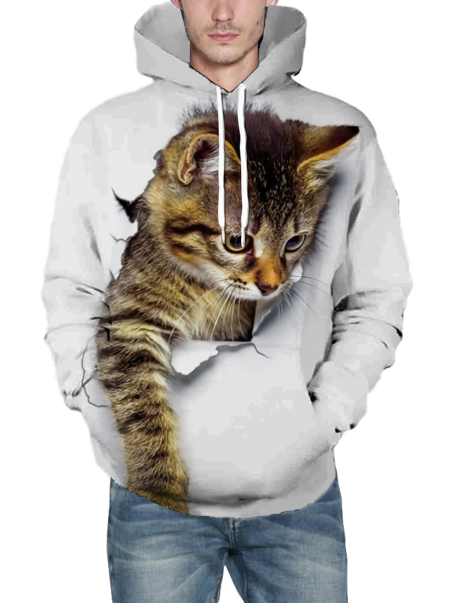  Men's Hoodie Sweatshirt Front Pocket 3D Print Designer Graphic Cat 1# 2# 3# White Print Hooded Daily Long Sleeve Clothing Clothes Regular Fit