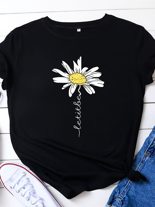  Damen T Shirt Design Heißprägen Blumen Grafik-Drucke Design Kurzarm Rundhalsausschnitt Täglich Bedruckt Kleidung Design Basic Weiß Schwarz Rosa