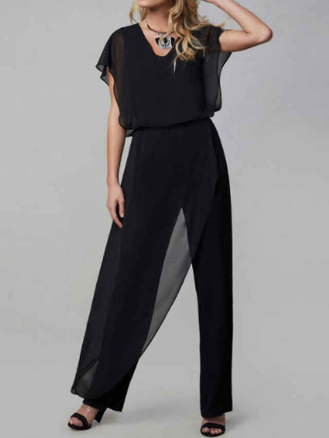  TS Jumpsuit / Pantsuit Mother of the Bride Dress Wedding Guest Jumpsuits V Neck Ankle Length Chiffon Short Sleeve with Ruching 2025 free custom size