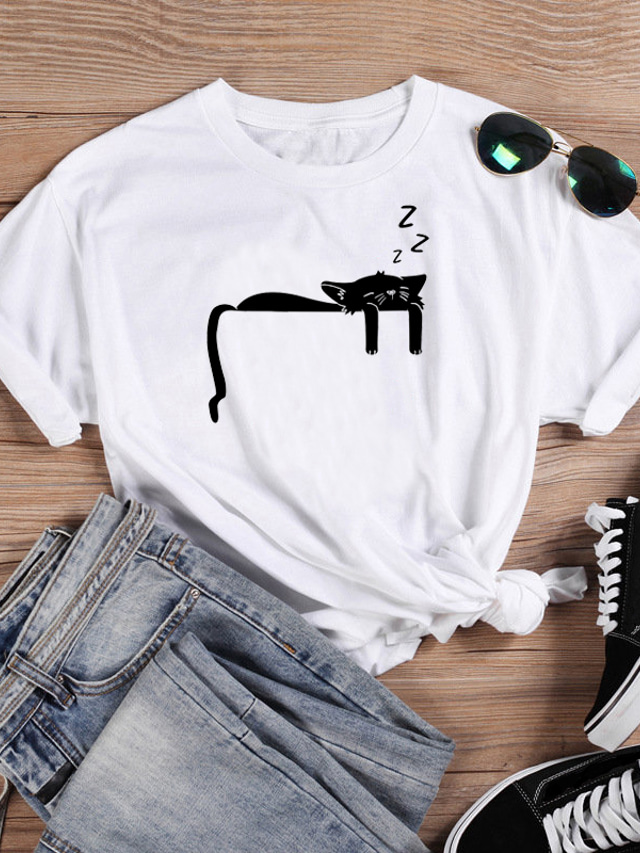  בגדי ריקוד נשים חולצה קצרה מעצב הטבעה חמה חתול עיצוב שרוולים קצרים צווארון עגול יומי דפוס בגדים בגדים מעצב בסיסי לבן שחור