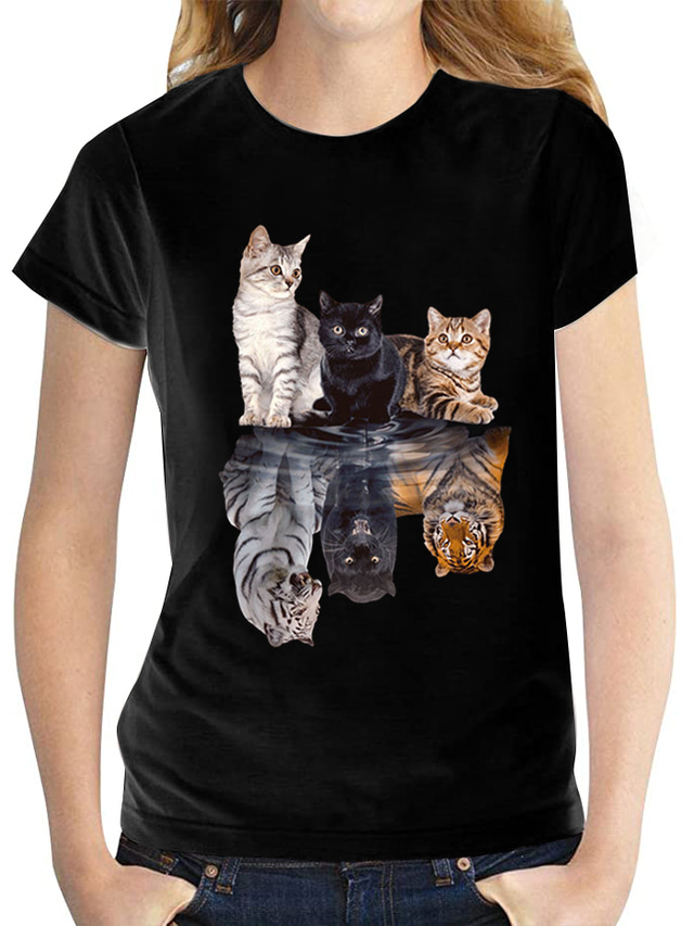  Women's T shirt Tee 100% Cotton Butterfly Graphic Prints Black and White Cat Black Short Sleeve Daily Round Neck Slim