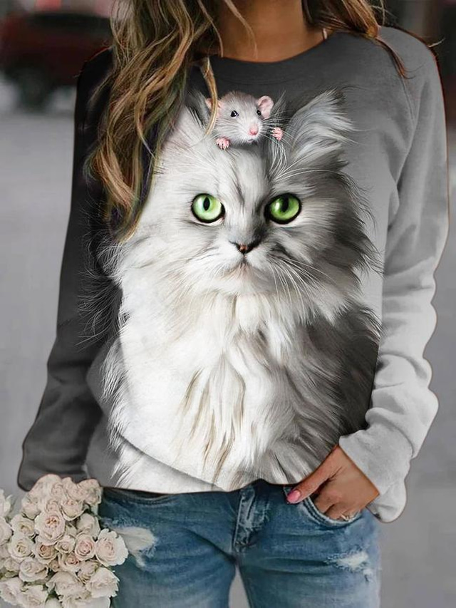  Women's Hoodie Sweatshirt Pullover Basic Casual Gray Graphic Animal Daily Round Neck Long Sleeve S M L XL XXL