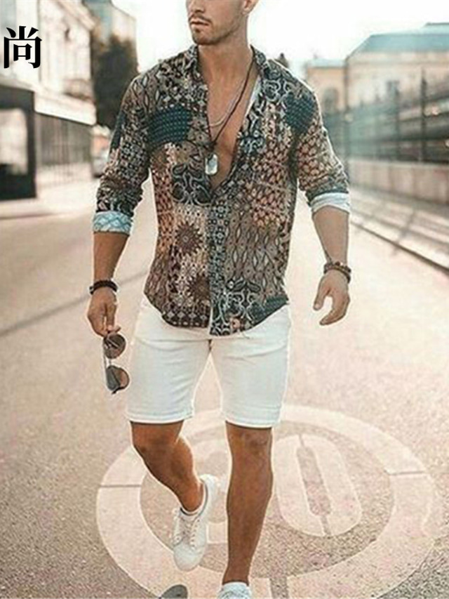  Men's Shirt Other Prints Geometric Button Down Collar Daily Print Long Sleeve Tops Designer Khaki