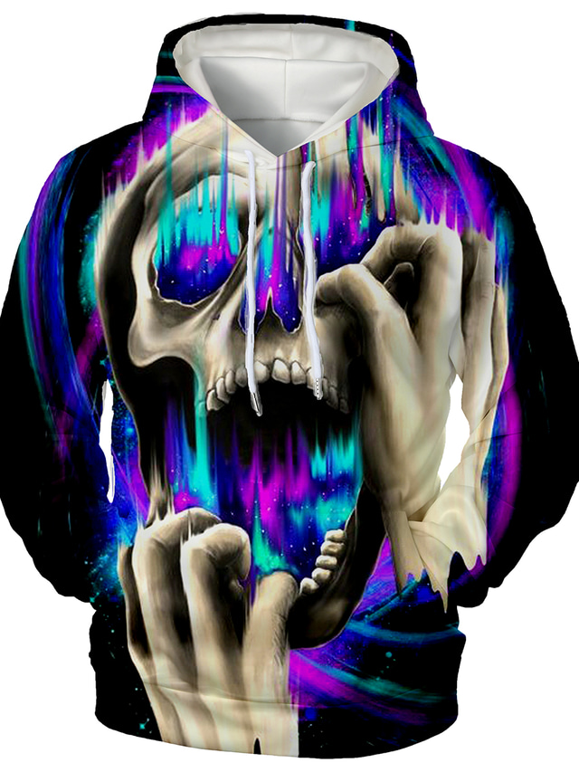  Men's Pullover Hoodie Sweatshirt Front Pocket 3D Print Designer Casual Graphic Skull Print Hooded Daily Long Sleeve Clothing Clothes Regular Fit Purple