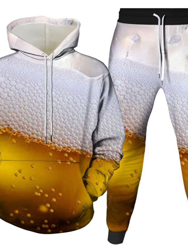  Męskie Zestaw bluzy 3D 2-częściowa Przednia kieszeń Wzór 3D Designerskie Codzienny Graficzny Piwo Nadruk Kaptur Codzienny Długi rękaw Odzież Odzież Regularny Biały Czarny Niebieski Tęczowy