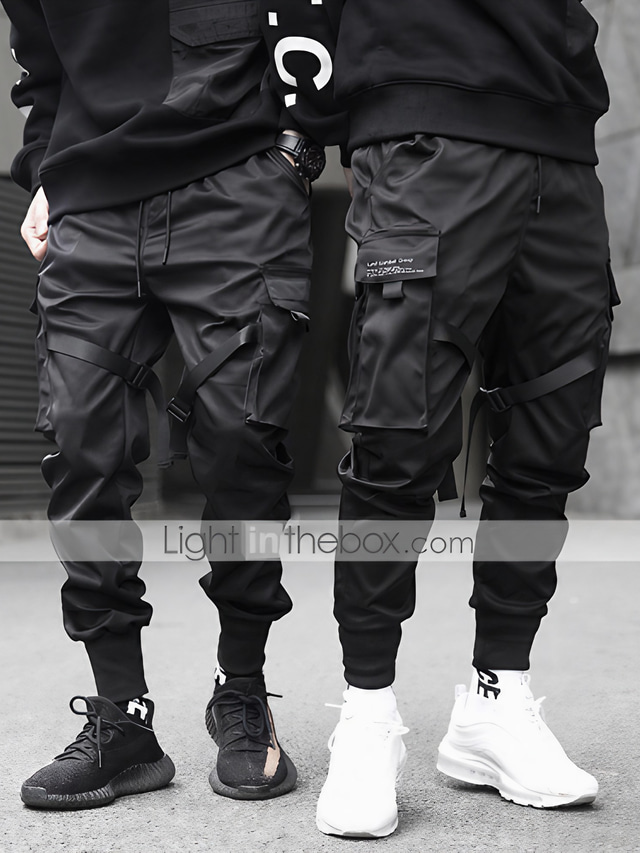  calças de corrida masculinas calças compridas com vários bolsos streetwear de fita calça cargo casual casual de corte casual com cordão nas calças