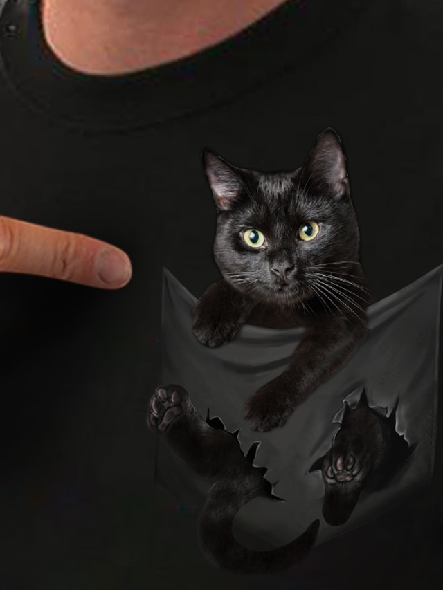  Women's T shirt Tee Black 100% Cotton White Cat 3D Print Short Sleeve Daily Basic Round Neck Regular 3D Cat S