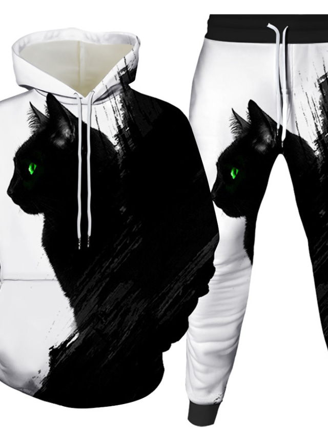  Men's 3D Hoodies Set 2 Piece Designer Casual Graphic Print Hooded Daily Long Sleeve Clothing Clothes Regular Fit Green White Black Gray Dark Gray