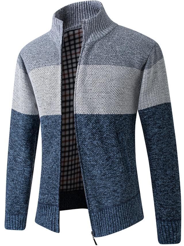  Men's Sweater Cardigan Knit Knitted Solid Color Stand Collar Fall Winter Wine Light gray S M L / Long Sleeve