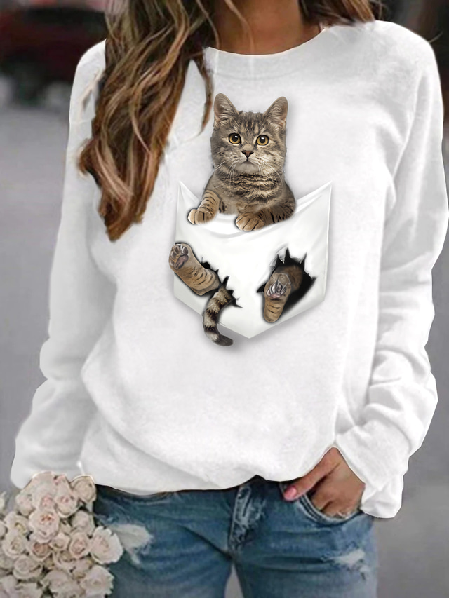  Women's Hoodie Sweatshirt Pullover Basic Casual White Black Graphic Cat 3D Daily Round Neck Long Sleeve S M L XL XXL