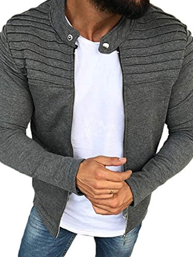  abrigo plisado a rayas de manga larga para hombre chaqueta de punto de color sólido con cremallera outwear (gris, m)
