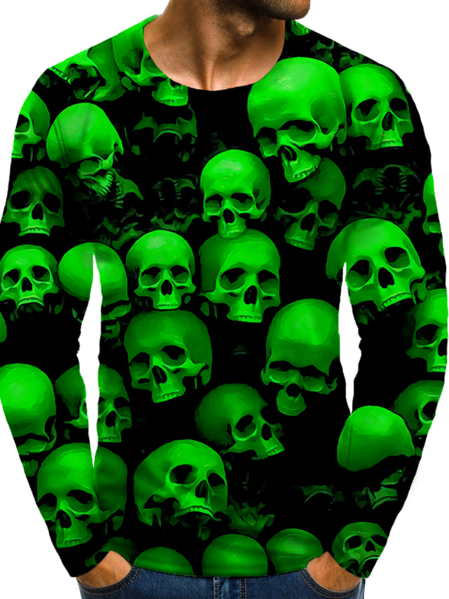  Herre T-shirt 1950'erne Langærmet Grafisk 3D Dødningehoveder Trykt mønster Plusstørrelser Rund hals Daglig Sport Trykt mønster Tøj Tøj 1950'erne Grøn