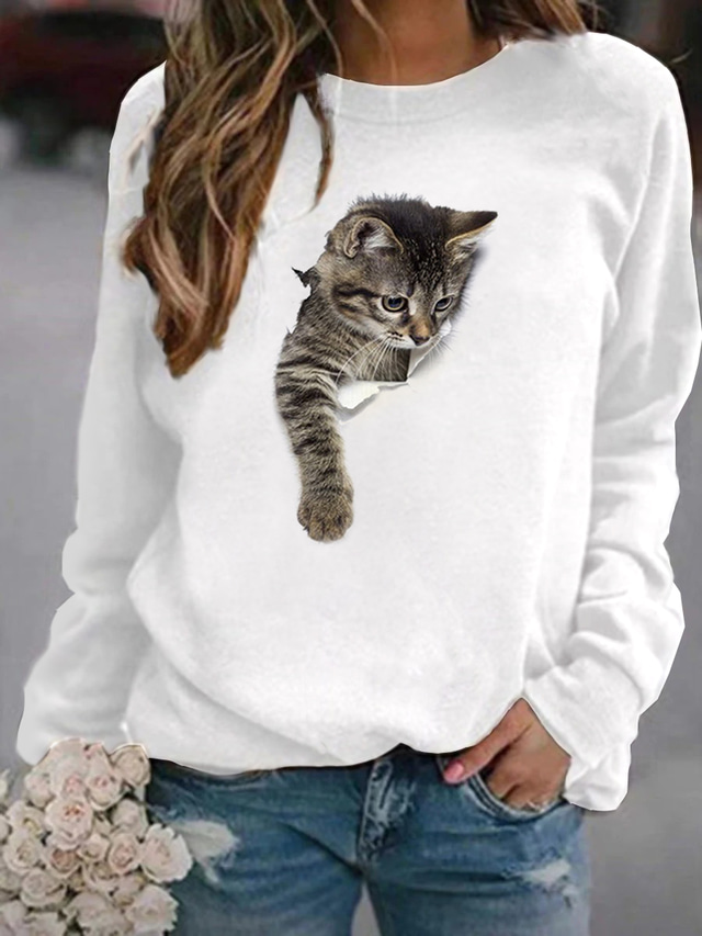  Women's Sweatshirt Pullover 100% Cotton Basic White Yellow Pink Graphic Cat Casual Daily Round Neck Long Sleeve Fall & Winter