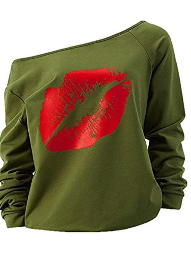  Women's Sexy Pullover Lips Print Casual Off The Shoulder Slouchy Shirt (Green+Red, XL)