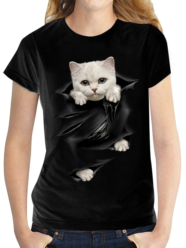  女性用 Tシャツ デザイナー 熱間鍛造 猫 グラフィック 3D デザイン 半袖 ラウンドネック 日常 プリント 服装 デザイナー ベーシック ホワイト ブラック