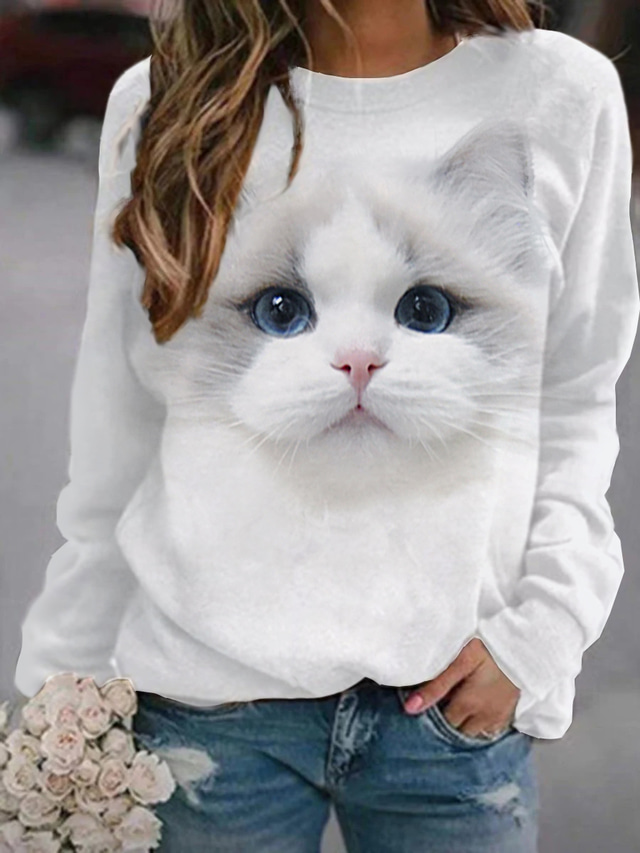  בגדי ריקוד נשים קפוצ'ון טרנינג חתול גראפי 3D דפוס יומי הדפסת תלת מימד בסיסי יום יומי קפוצ'ונים חולצות טריקו אפור חום לבן