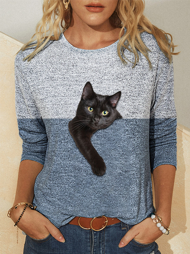  Women's T shirt Tee Designer 3D Print Cat Graphic Color Block 3D Design Long Sleeve Round Neck Casual Daily Print Clothing Clothes Designer Basic Vintage Green Blue Wine