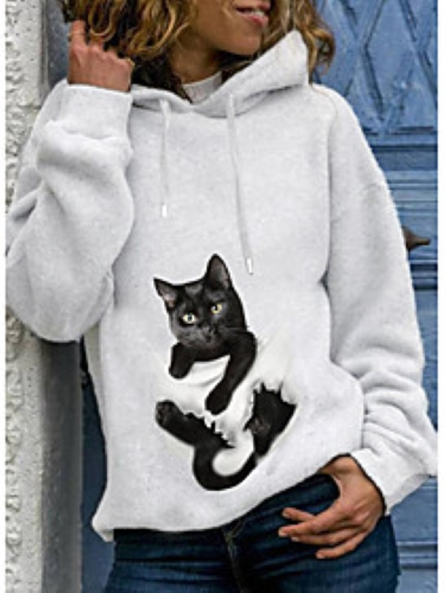  Damskie Bluza z Kapturem Zjechać na pobocze Kot Graficzny 3D Codzienny Podstawowy Codzienny Bluzy z kapturem Bluzy Biały
