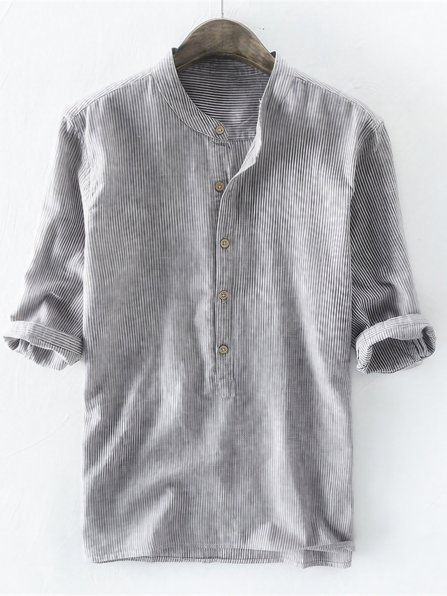  Men's Shirt Linen Shirt Solid Colored Collar Henley Daily Outdoor Button-Down Print Half Sleeve Tops Casual Gray Beige Light Blue / Summer