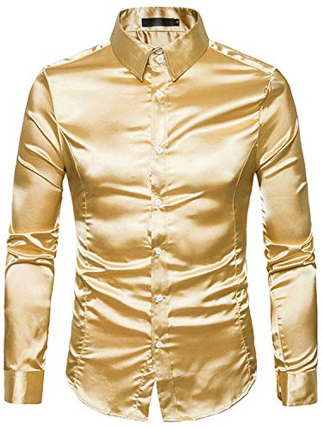  pánské saténové hladké pánské pevné smokingové košile obchodní košile lesklé zlaté svatební košile