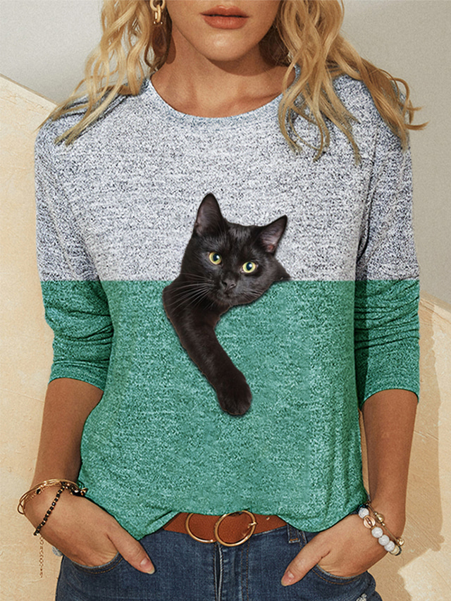 Women's T shirt Tee Designer 3D Print Cat Graphic Color Block 3D Design Long Sleeve Round Neck Casual Daily Print Clothing Clothes Designer Basic Vintage Green Blue Wine