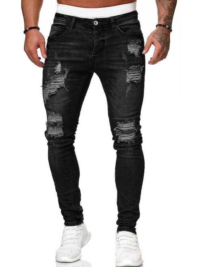  mannen vernietigd stretch jeans-slang gebruikte slim-fit jeans broek voor mannen streetwear broek taps toelopende broek denim broek rits en knoop gulp