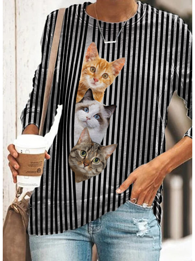  Women's T shirt Tee Designer 3D Print Cat Graphic 3D Design Long Sleeve Round Neck Daily Print Clothing Clothes Designer Basic Black