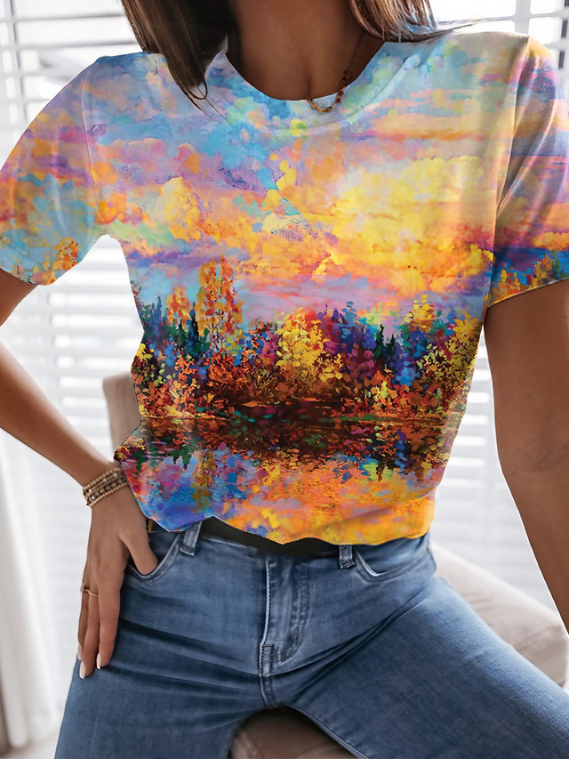  Damen T Shirt Design 3D-Druck Blumen Graphic Design Kurzarm Rundhalsausschnitt Alltag Bedruckt Kleidung Design Hawaiianisch Strand Design Blau Grau Orange
