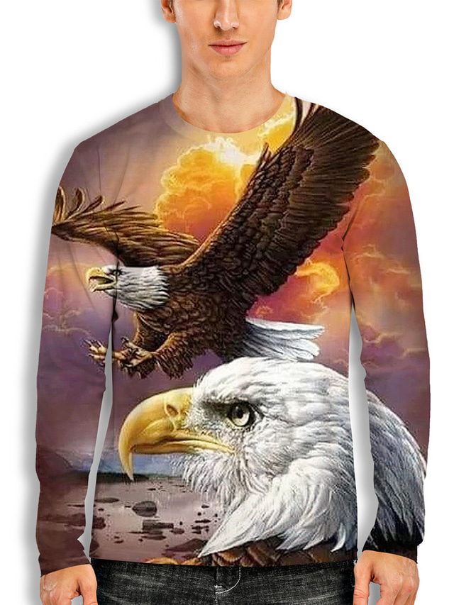  Men's T shirt 3D Print Graphic Eagle Animal Round Neck Daily Holiday Print Long Sleeve Tops Basic Casual Orange